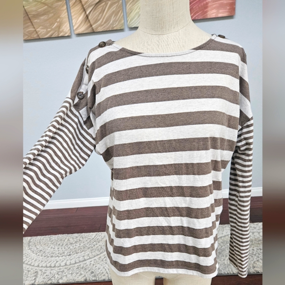 Poof-Brown and White Striped Long Top, Shirt Sleeve Button Accents Womens Sz L